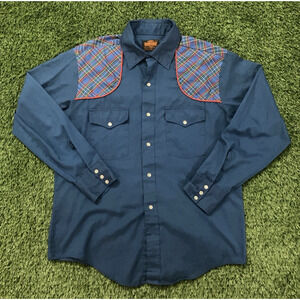Stir-Ups Western Pearl Snap Vintage Size Large Men's 16.5 Blue/Plaid Long Sleeve